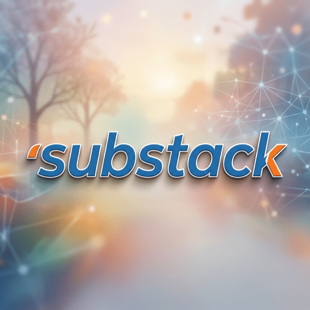 Substack logo with blue and orange letters on a soft background resembling network connections